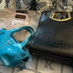 Vegan Handbag Bundle - Turquoise Croc - Rose Gold Clutch - Black Crock Satchel
